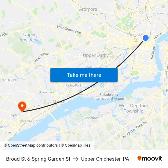 Broad St & Spring Garden St to Upper Chichester, PA map