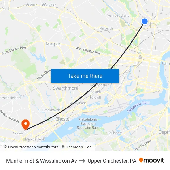 Manheim St & Wissahickon Av to Upper Chichester, PA map