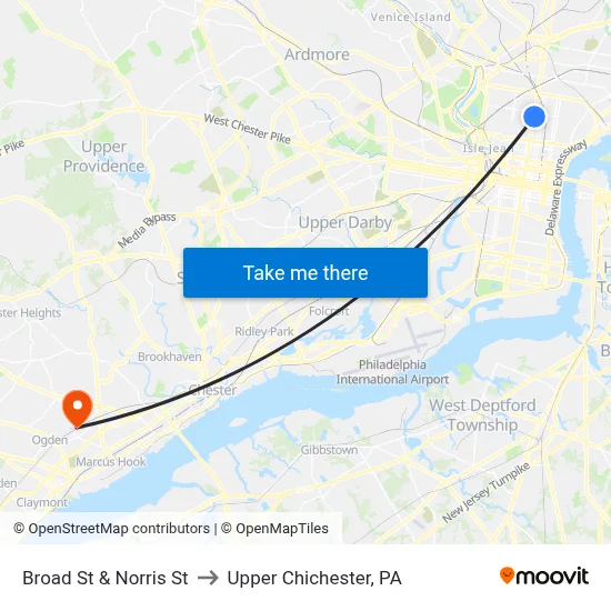 Broad St & Norris St to Upper Chichester, PA map