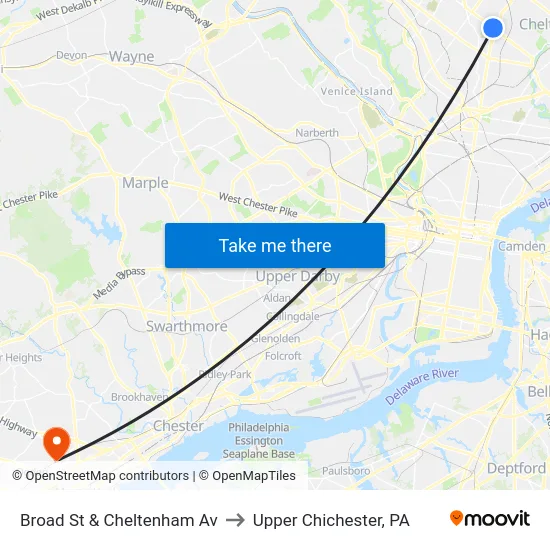 Broad St & Cheltenham Av to Upper Chichester, PA map