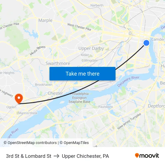 3rd St & Lombard St to Upper Chichester, PA map