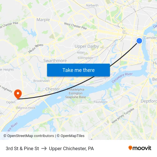 3rd St & Pine St to Upper Chichester, PA map