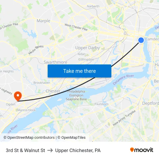 3rd St & Walnut St to Upper Chichester, PA map