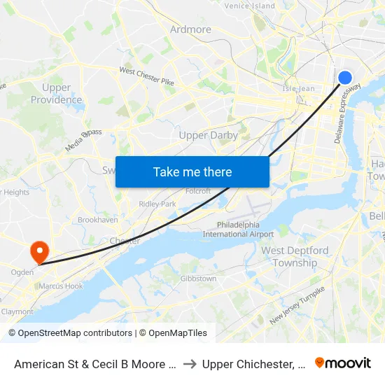 American St & Cecil B Moore Av to Upper Chichester, PA map