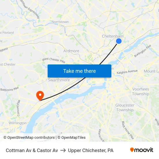 Cottman Av & Castor Av to Upper Chichester, PA map