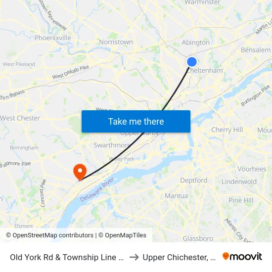 Old York Rd & Township Line Rd to Upper Chichester, PA map