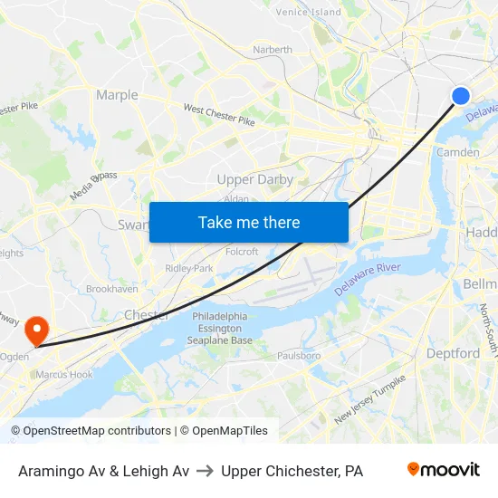 Aramingo Av & Lehigh Av to Upper Chichester, PA map