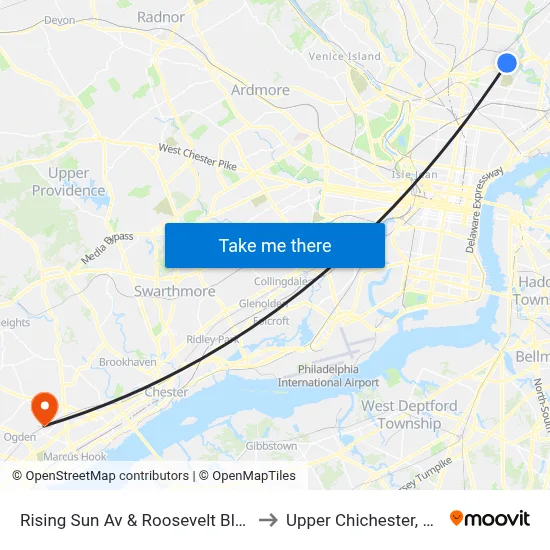 Rising Sun Av & Roosevelt Blvd to Upper Chichester, PA map