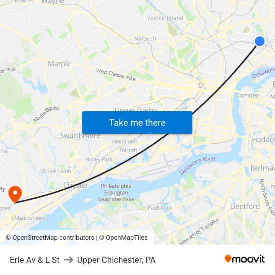 Erie Av & L St to Upper Chichester, PA map