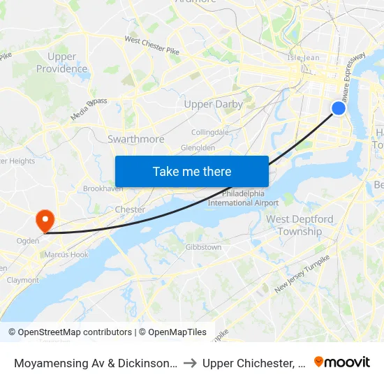 Moyamensing Av & Dickinson St to Upper Chichester, PA map