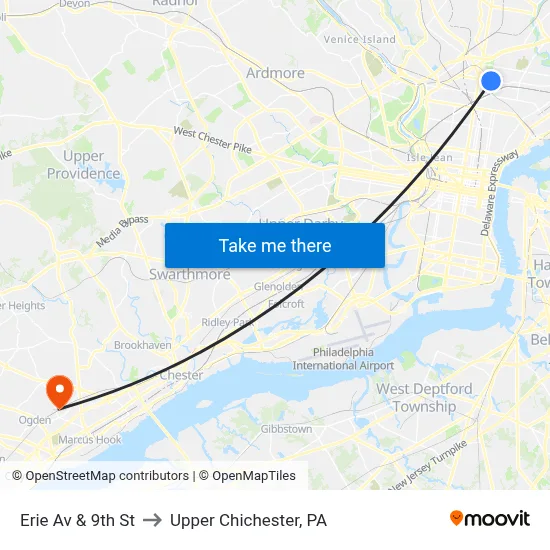 Erie Av & 9th St to Upper Chichester, PA map