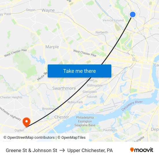 Greene St & Johnson St to Upper Chichester, PA map