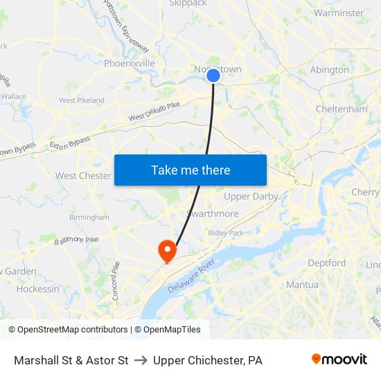 Marshall St & Astor St to Upper Chichester, PA map