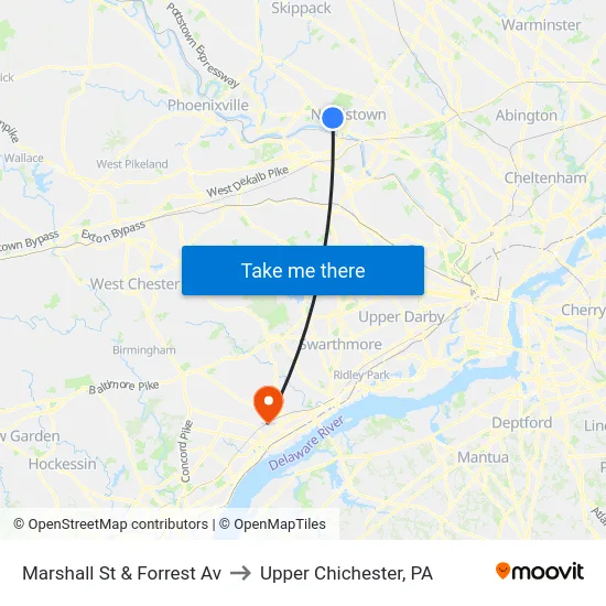 Marshall St & Forrest Av to Upper Chichester, PA map