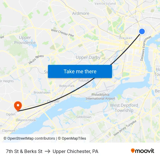 7th St & Berks St to Upper Chichester, PA map
