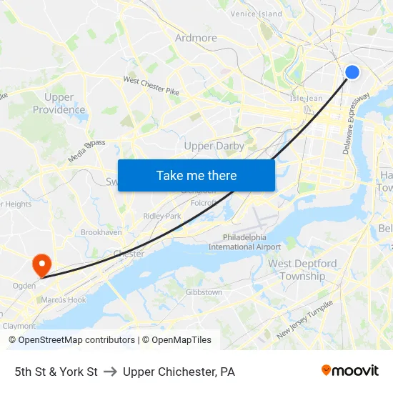 5th St & York St to Upper Chichester, PA map