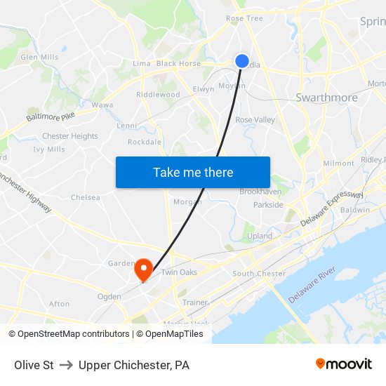 Olive St to Upper Chichester, PA map