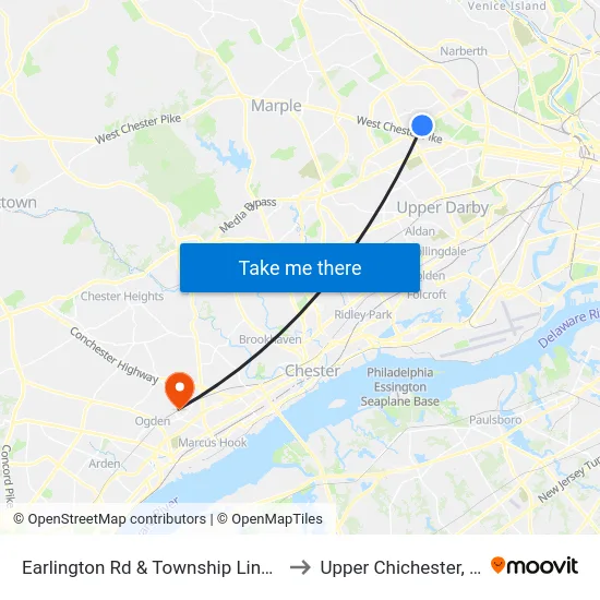 Earlington Rd & Township Line Rd to Upper Chichester, PA map