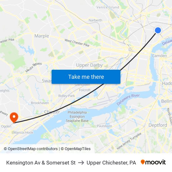 Kensington Av & Somerset St to Upper Chichester, PA map