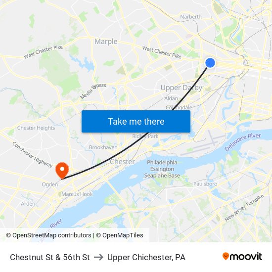 Chestnut St & 56th St to Upper Chichester, PA map