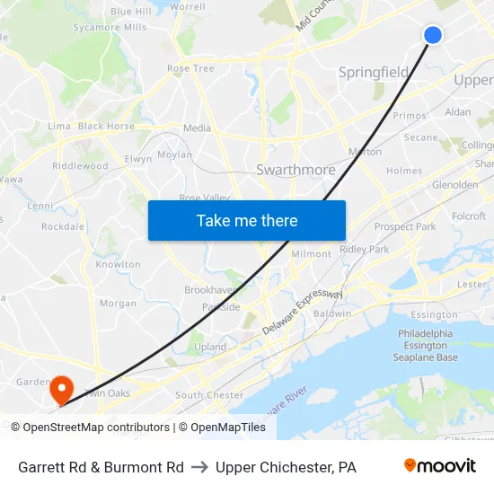 Garrett Rd & Burmont Rd to Upper Chichester, PA map