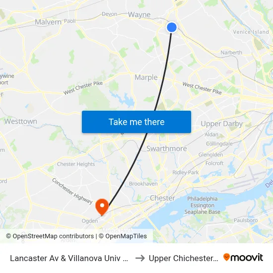 Lancaster Av & Villanova Univ Chapl to Upper Chichester, PA map