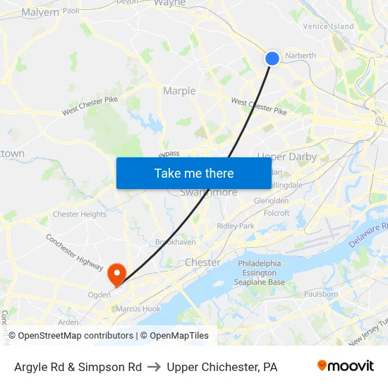 Argyle Rd & Simpson Rd to Upper Chichester, PA map