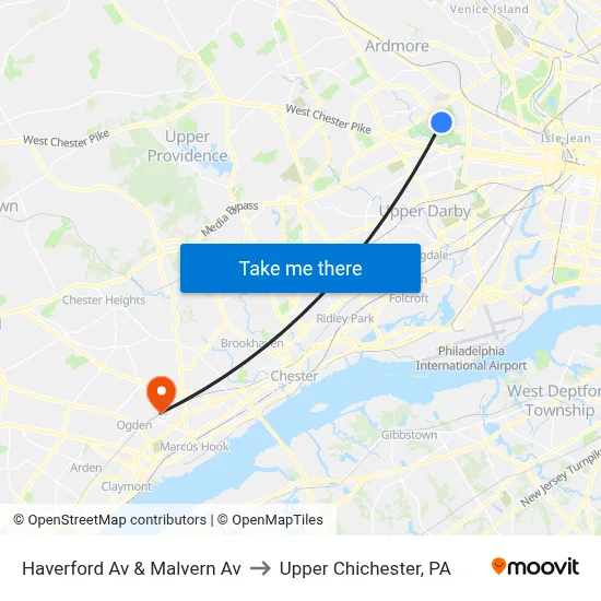 Haverford Av & Malvern Av to Upper Chichester, PA map