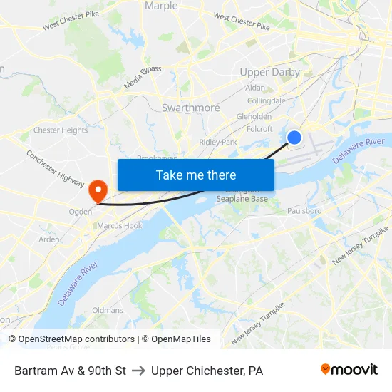Bartram Av & 90th St to Upper Chichester, PA map