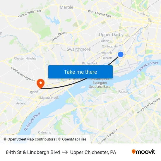 84th St & Lindbergh Blvd to Upper Chichester, PA map