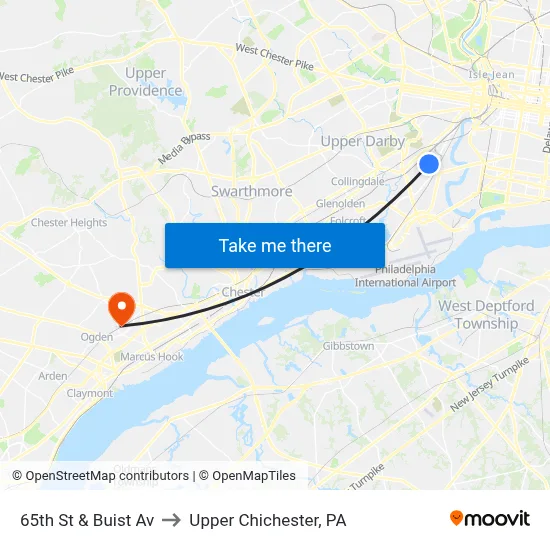 65th St & Buist Av to Upper Chichester, PA map
