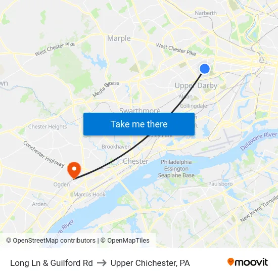 Long Ln & Guilford Rd to Upper Chichester, PA map