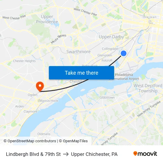 Lindbergh Blvd & 79th St to Upper Chichester, PA map