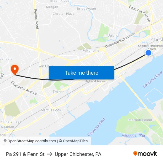 Pa 291 & Penn St to Upper Chichester, PA map