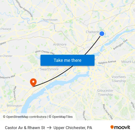 Castor Av & Rhawn St to Upper Chichester, PA map