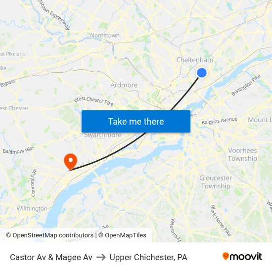 Castor Av & Magee Av to Upper Chichester, PA map