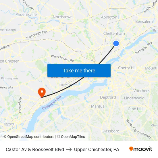 Castor Av & Roosevelt Blvd to Upper Chichester, PA map