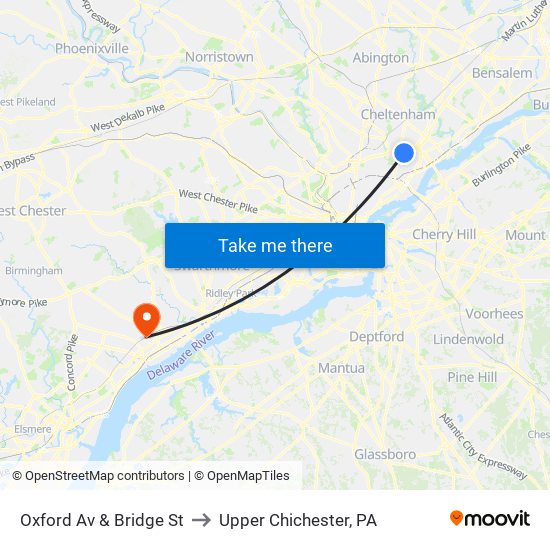 Oxford Av & Bridge St to Upper Chichester, PA map