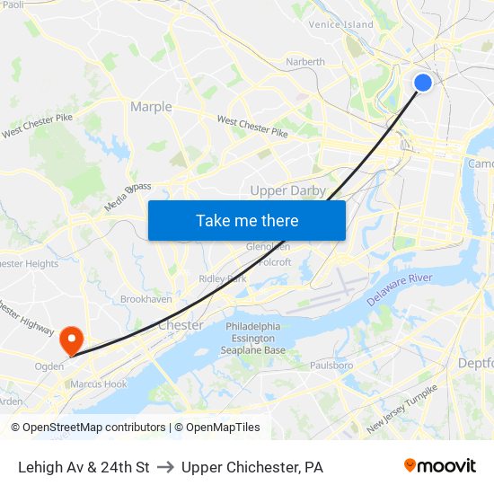 Lehigh Av & 24th St to Upper Chichester, PA map