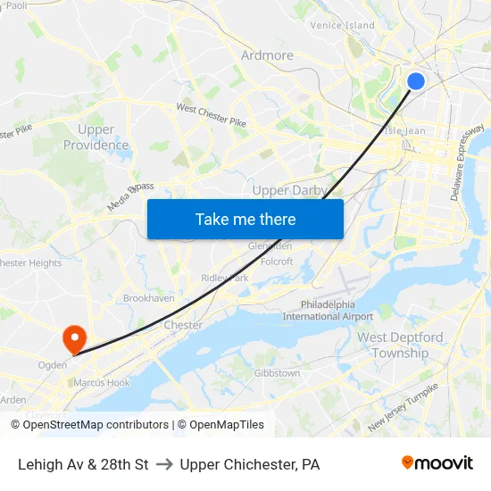 Lehigh Av & 28th St to Upper Chichester, PA map
