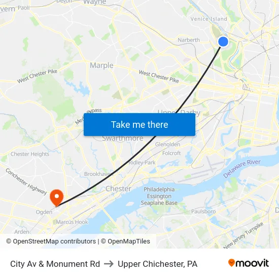 City Av & Monument Rd to Upper Chichester, PA map