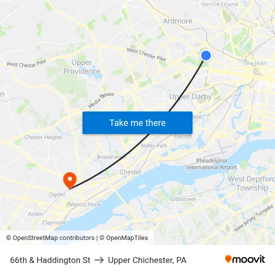 66th & Haddington St to Upper Chichester, PA map