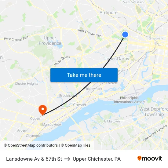 Lansdowne Av & 67th St to Upper Chichester, PA map
