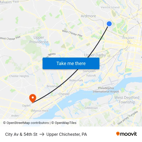 City Av & 54th St to Upper Chichester, PA map