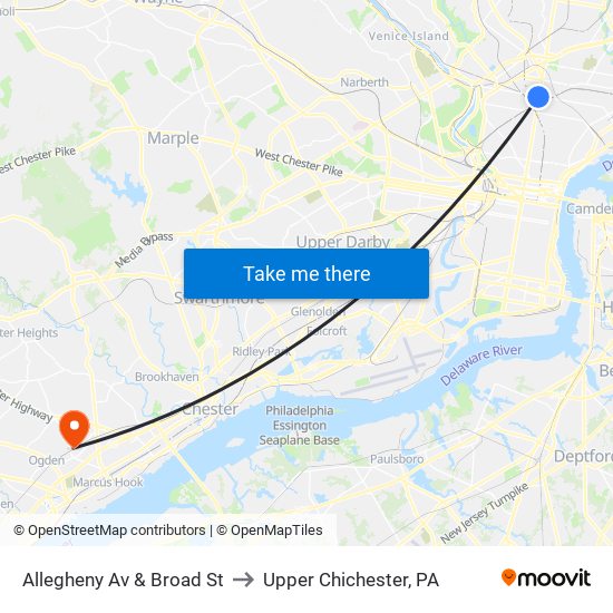 Allegheny Av & Broad St to Upper Chichester, PA map