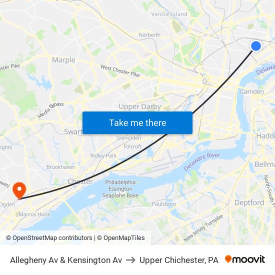 Allegheny Av & Kensington Av to Upper Chichester, PA map