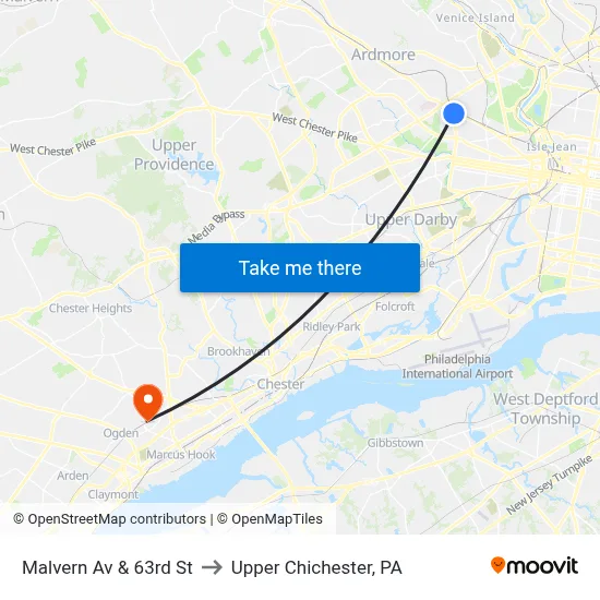 Malvern Av & 63rd St to Upper Chichester, PA map