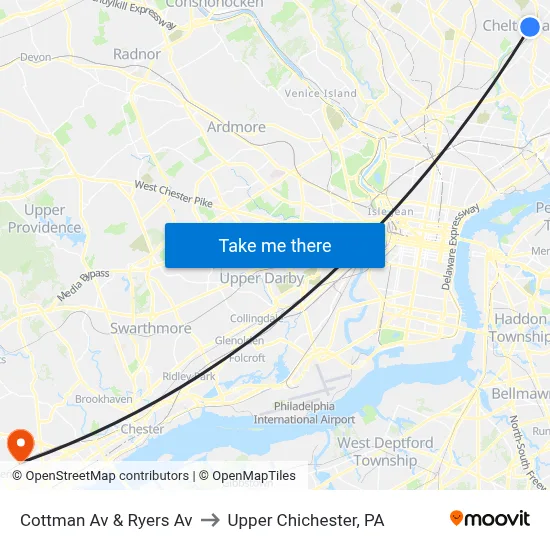 Cottman Av & Ryers Av to Upper Chichester, PA map