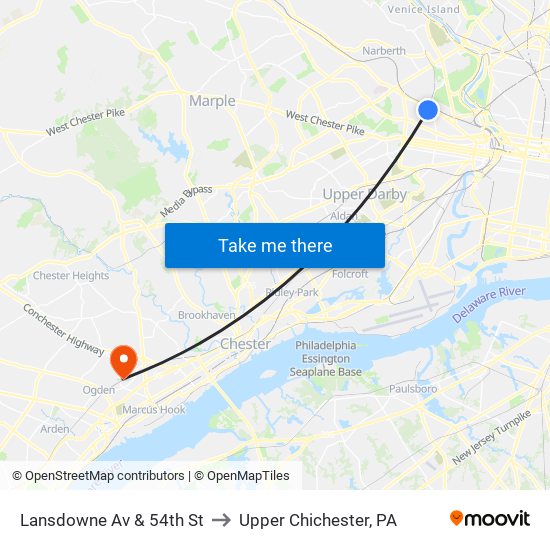 Lansdowne Av & 54th St to Upper Chichester, PA map