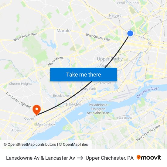 Lansdowne Av & Lancaster Av to Upper Chichester, PA map